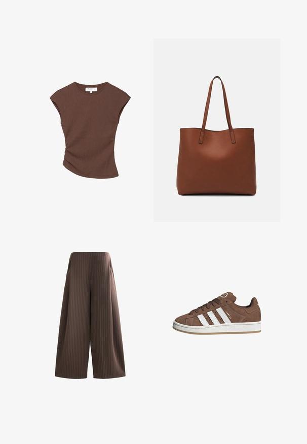Haut court à manches courtes de couleur marron avec un ourlet légèrement arrondi. Texture douce et coupe décontractée, présentant un col rond et des coutures minimales.; Pantalons larges marron avec des rayures verticales blanches, dotés de poches latérales et d'une texture lisse. Taille plate sans matériel visible.; Baskets en daim marron avec des bandes en cuir blanc, semelle en caoutchouc, bout arrondi et lacets. Comprend un logo sur la languette et des accents perforés.; Sac fourre-tout en cuir marron avec une texture lisse, design à ouverture supérieure et deux poignées pour le porter à l'épaule. Présente des coutures minimales et aucun matériel visible.
