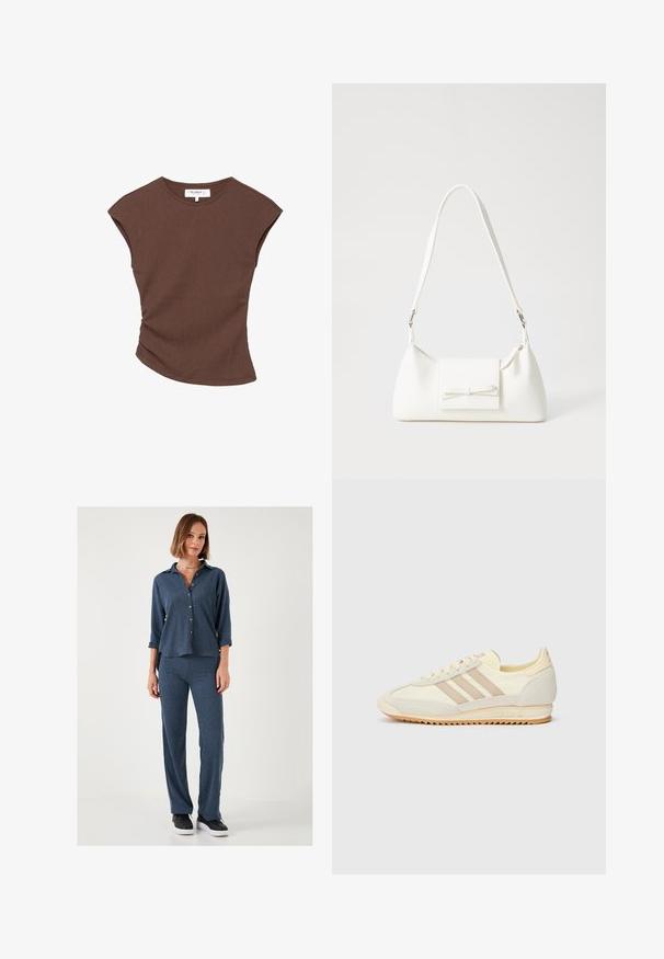 Barna bordázott, rövid ujjú felső enyhén ívelt szegéllyel. Puha tapintású és laza fazonú, kerek nyakkivágással és minimális varrásokkal.; Két részes szett, amely egy struktúrált, sötétkék, gombos inget tartalmaz feltűrt ujjal és hozzáillő, testhezálló nadrággal. Fekete sportcipők egészítik ki a megjelenést.; Krém színű sportcipő, három bézs csíkkal, velúr és textil anyagokból, texturált talppal és dombornyomott márkázással a saroknál.; Fehér szintetikus kézitáska, háromszög alakú, lapos előlap, masni részlettel, állítható pánttal, sima textúrával és minimalista dizájnnal.
