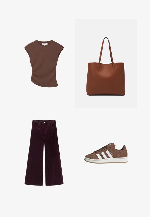 Braun geripptes kurzärmliges Oberteil mit leicht geschwungenem Saum. Weiche Textur und lässige Passform, mit rundem Halsausschnitt und minimalen Nähten.; Weite Cordhosen in tiefem Burgund, mit hohem Bund, Knopfverschluss und klassischem Fünf-Taschen-Design sowie gerippter Textur.; Braune Wildledersneaker mit weißen Lederstreifen, Gummisohle, gerundetem Zehenbereich und Schnürung. Mit einem Logo auf der Zunge und perforierten Akzenten.; Braune Leder-Tote mit glatter Textur, offenem Oberteil und zwei Schulterriemen. Verfügt über minimale Nähte und keine sichtbaren Beschläge.