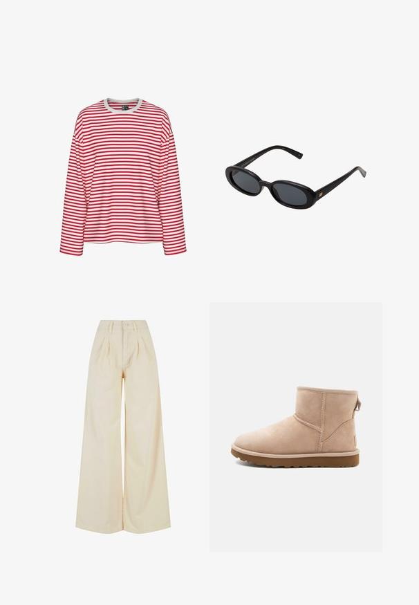 Chemise à rayures rouges et blanches à manches longues, avec un col rond et une coupe décontractée. Tissu doux avec un motif de rayures uniforme.; Pantalons larges beiges à taille haute, avec une fermeture à bouton et des détails de plis. Tissu lisse avec une texture douce.; Bottine en daim beige à bout arrondi, avec des accents cousus et une semelle en caoutchouc brun texturé. Elle se distingue par une languette à l'arrière.; Lunettes de soleil noires surdimensionnées avec des verres ovoïdes, monture en plastique lisse et accents dorés sur les tempes. Les verres sombres offrent une protection contre le soleil.