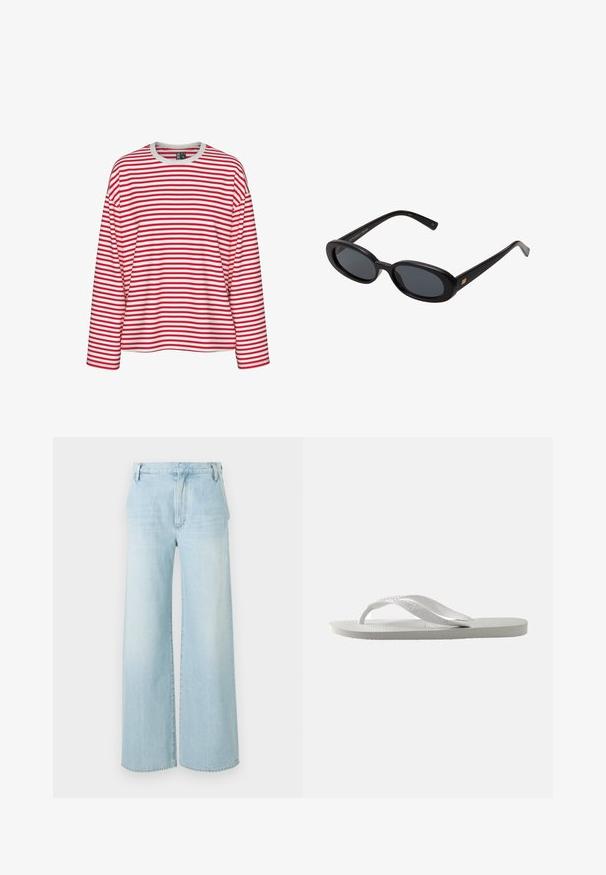 Červeno-bílý pruhovaný dlouhý rukáv, s kulatým výstřihem a uvolněným střihem. Měkká látka s rovnoměrným pruhem.; Světle modré džíny s širokými nohavicemi vyrobené z denimu. Mají vysoký pas, pět kapsových design a jemné zesvětlení se čistým lemem.; Bílé žabky s texturovanou podrážkou a dvěma tenkými pásky. Pásky jsou hladké s jemným brandingem. Žádné vzory ani další akcenty.; Černé oversized sluneční brýle s oválnými čočkami, hladkým plastovým rámem a zlatými akcenty na spáncích. Tmavé čočky poskytují ochranu před sluncem.
