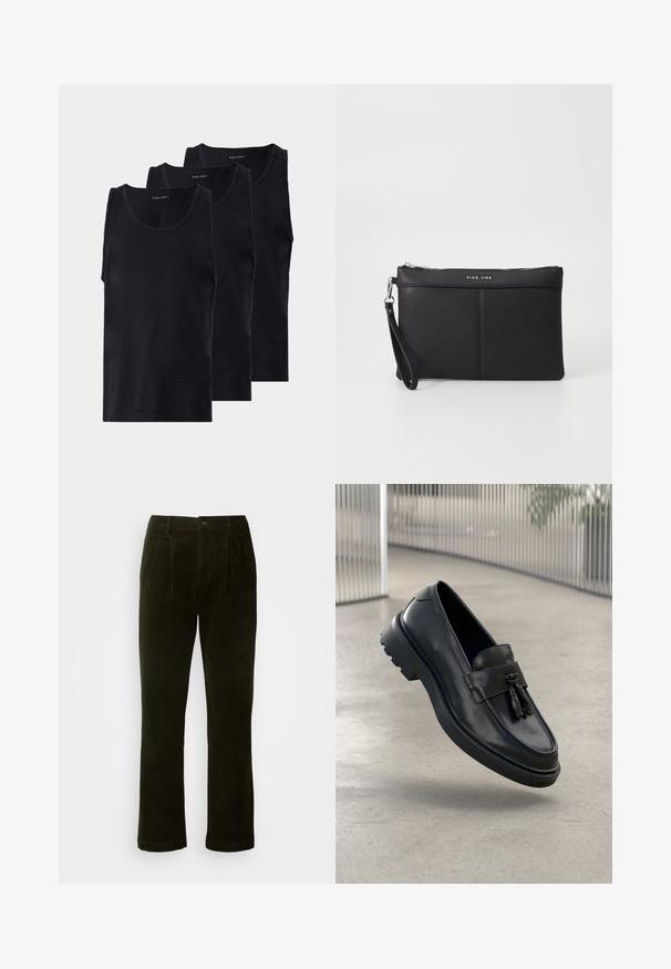 Black cotton tank tops in a pack of three, featuring a round neckline and sleeveless design, smooth texture, and a classic fit.; Dark green corduroy trousers with a straight leg, featuring front pleats, a button closure, and a soft textured finish.; Black leather loafers with a smooth finish, decorative tassel, thick rubber sole, and stitched accents. Lightweight and sleek design.; Black synthetic clutch with a zip closure, wrist strap, and a smooth texture. Features subtle stitching and a logo embossed on the front.