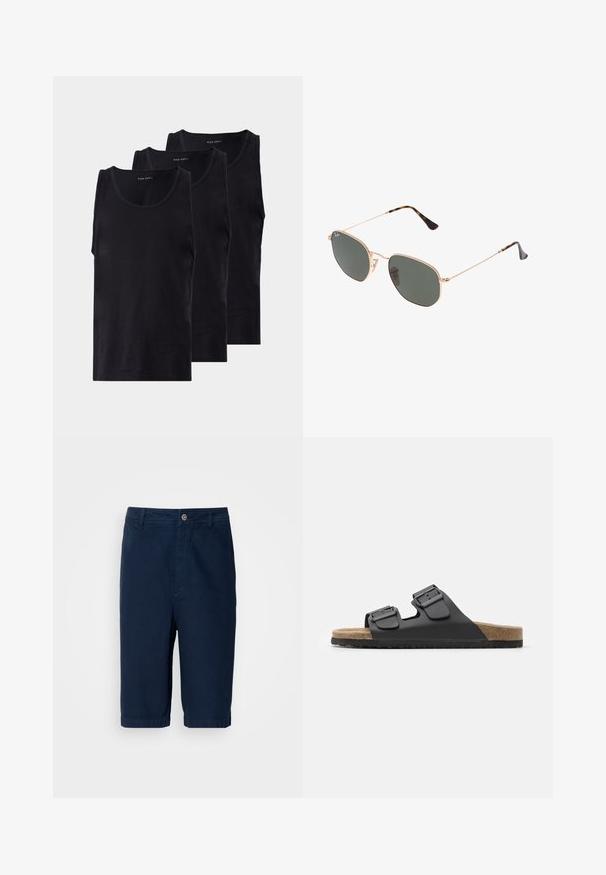 Mustaline mustad puuvillased tank topid kolmes pakis, ümmarguse kaeluse ja varrukateta disainiga, sileda tekstuuri ja klassikalise lõikega.; Tumedat sinised lühikesed püksid puuvillakangast, sirge lõikega, nööpidega kinnitamine ja vöökohad. Omavad ülespoole keeratud ääri ja kahte küljetaskut.; Must must sandaalid, millel on kaks reguleeritavat pannalalit, tekstuuriga jalapadi ja korkilaadne tall. Omab lamedat, laia disaini mugavuse tagamiseks.; Kuldne metallraamiga prillid tumeroheline lensega, piloot-stiil, millel on õhukesed käepidemed ja kilpkonna mustriga aktsendid otstes.