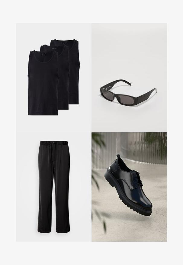 Černé bavlněné tílka v balení po třech, s kulatým výstřihem a bez rukávů, hladkou texturou a klasickým střihem.; Černé volné kalhoty s elastickým pasem a nastavovací šňůrou. Hladká tkanina s postranním švem, bez kapes.; Černá kožená bota s lesklým povrchem, kulatou špičkou, šněrováním, kontrastním prošíváním a silnou gumovou podrážkou s vzorováním.; Černé obdélníkové sluneční brýle s tmavými skly, hladkým plastovým rámem a diskrétním logem na levém rameni. Minimalistický design.