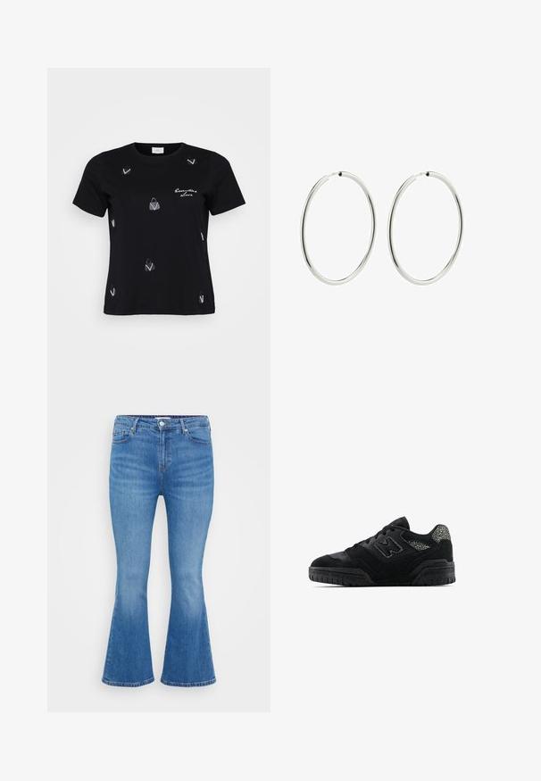 T-shirt in cotone nero con maniche corte, adornato da motivi di borse bianche sparse e una scritta che recita "Essential Love."; Jeans a palazzo in denim azzurro chiaro, caratterizzati da vita alta, cinque tasche e chiusura con bottone classico. Tessuto liscio con leggera sfumatura.; Sneaker nera bassa con suola testurizzata, design con lacci, pannelli in suede e accenti a motivo sul tallone e sul logo laterale.; Orecchini a cerchio in argento con una finitura liscia e lucida. Forma circolare, larghezza costante, progettati per un facile fissaggio. Semplici ed eleganti.