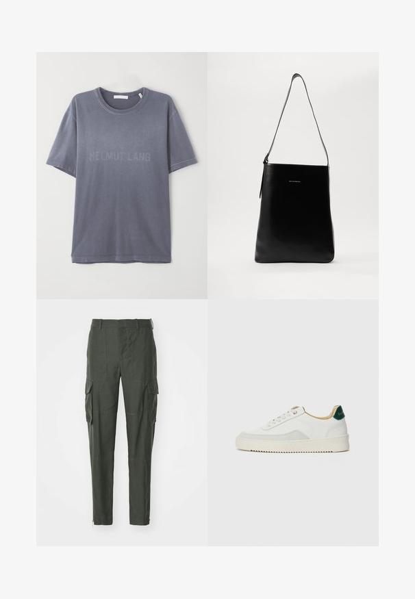 Szara bawełniana koszulka z krótkim rękawem, okrągłym dekoltem, z wytłoczonym logo "HELMUT LANG" na przodzie. Miękka tekstura, luźny krój.; Spodnie cargo wykonane z ciemnozielonego materiału, z wieloma bocznymi kieszeniami, prostym krojem i zamkiem błyskawicznym przy kostce umożliwiającym regulację dopasowania.; Białe trampki z zamszowymi akcentami, zaokrąglony czubek, płaskie sznurowadła i kremowa gumowa podeszwa. Posiadają zielone logo na pięcie.; Czarna skórzana torba na ramię o gładkiej fakturze, prostokątnym kształcie i długim pasku; posiada małe białe logo na środku.