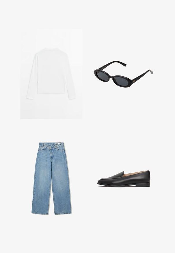 Maglietta bianca a maniche lunghe, con scollo rotondo, vista da dietro, posata piatta su uno sfondo bianco.; Jeans azzurri a gamba larga realizzati in denim, con vita alta, cinque tasche, chiusura a bottone e una leggera scoloritura per aggiungere texture.; Scarpa slip-on in pelle nera con design discreto, punta arrotondata e texture sottile. Finitura liscia, dettagli minimi e suola piatta.; Occhiali da sole neri oversize con lenti ovali, montatura in plastica liscia e accenti dorati sulle tempie. Le lenti scure offrono protezione dal sole.; Borsa hobo di un morbido marrone con una sola tracolla larga e un'apertura a manico curvo, esposta su uno sfondo bianco.