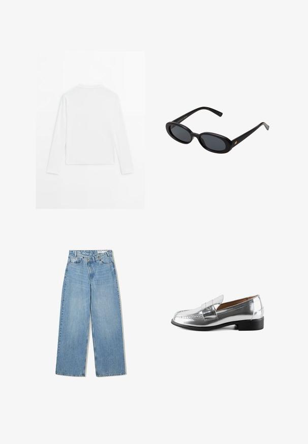 Effen witte langslopende shirt met lange mouwen, ronde hals, van achteren weergegeven, plat gelegd op een witte achtergrond.; Lichtblauwe wijde jeans van denim, met een hoge taille, vijf zakken, knoopsluiting en subtiele vervaging voor textuur.; Zilveren leren instapper met een ronde neus en gestikte accenten. Voorzien van een platte zwarte zool en een gladde, reflecterende textuur.; Zwarte oversized zonnebril met ovale lenzen, een glad plastic montuur en gouden accenten op de pootjes. Donkere lenzen bieden bescherming tegen de zon.; Zachte bruine hobo-stijl handtas met een enkele brede schouderband en een gebogen opening aan de bovenkant, weergegeven op een witte achtergrond.