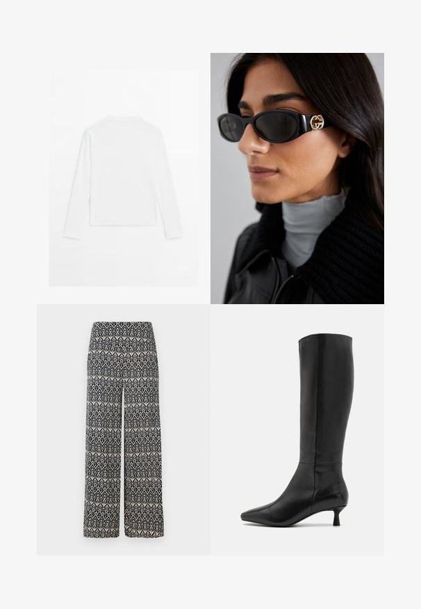 Effen witte langslopende shirt met lange mouwen, ronde hals, van achteren weergegeven, plat gelegd op een witte achtergrond.; Wijd-uitlopende broeken met een zwart-wit geometrisch patroon, gemaakt van stof met een gladde textuur. Rekbare taille voor comfort.; Zign Laarzen - black; Zwarte zonnebril met een stijlvolle rechthoekige montuur en een gouden logo-accent aan de zijkant. Donkere lenzen en een glanzende afwerking zijn opvallend.