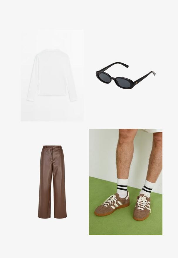 Chemise blanche à manches longues, col rond, vue de dos, posée à plat sur un fond blanc.; Pantalons larges en simili cuir marron avec une texture lisse, des passants de ceinture et un pli avant au niveau de la taille.; Baskets en daim marron avec des accents et des lacets blancs. Semelle en caoutchouc gomme. Portées avec des chaussettes blanches à rayures noires. Sol texturé vert.; Lunettes de soleil noires surdimensionnées avec des verres ovoïdes, monture en plastique lisse et accents dorés sur les tempes. Les verres sombres offrent une protection contre le soleil.
