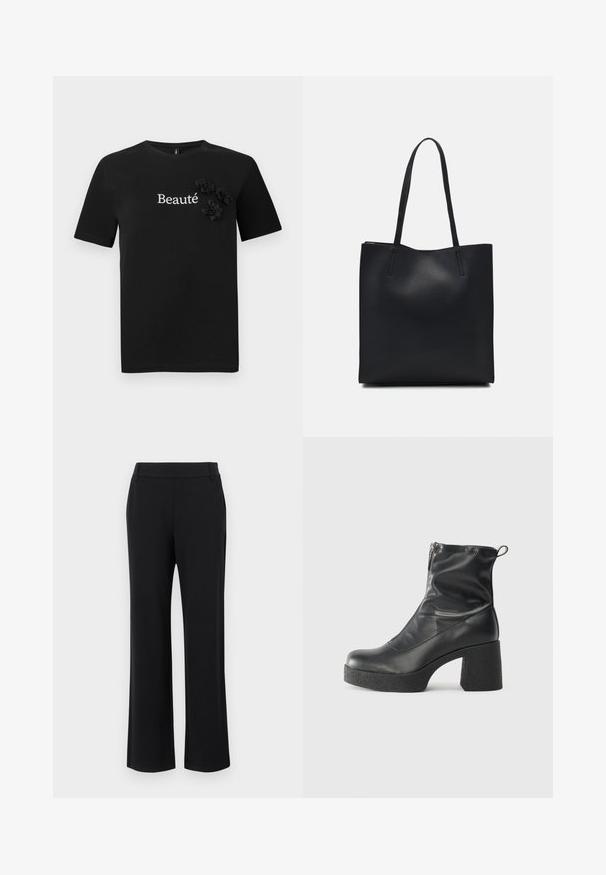Juoda medvilnės marškinėliai su trumpomis rankovėmis, apykakle ir žodžiu "Beauté" baltu spalva, papuošti trimis audinio gėlių akcentais.; Juodos, išsiplėtusios kelnės su lygiu tekstūru, vidutinio aukščio juosmens juosta ir šoninėmis kišenėmis. Paprastas dizainas be raštų ar papuošimų.; Juodos kulkšninių botai, pagaminti iš lygaus odos, su šoniniu užtrauktuku, masyviu tekstūruotu kulnu ir apvaliu pirštu.; Juodas odinis tote krepšys su lygia tekstūra, stačiakampio formos ir dviem ilgais rankenomis. Matomų metalinių detalių ar puošybos nėra.