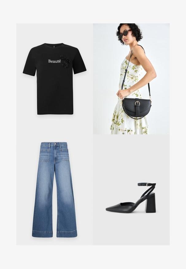 Black cotton t-shirt featuring short sleeves, a crew neck, and the word "Beauté" in white, adorned with three fabric flower accents.; Wide-leg blue denim jeans with a high waist, two front pockets, and two back pockets, featuring a clean finish and subtle fading.; Black leather pointy-toe pump with an ankle strap and a chunky heel. Flat texture, sleek design, and minimalistic aesthetics.; Black leather handbag with a curved shape, detachable strap, and gold hardware. The bag features a flap with a buckle detail.