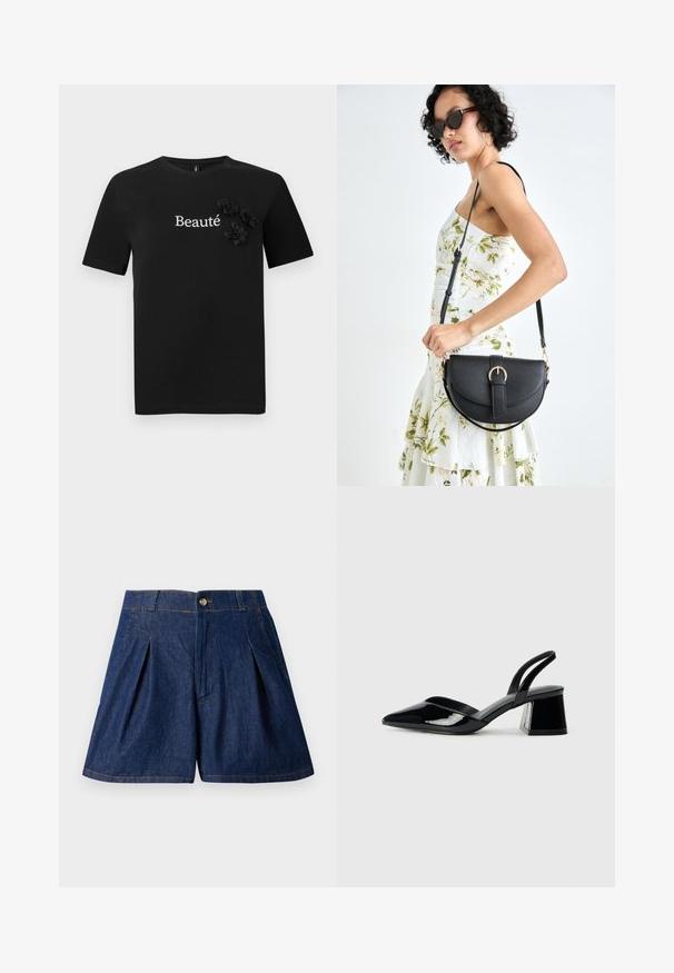 Melnas kokvilnas t-krekls ar īsām piedurknēm, apaļu izgriezumu un vārdu "Beauté" baltā krāsā, kuru rotā trīs auduma ziedu akcenti.; Tumši zili džinsu šorti ar krokām, pogu aizdari un sānu kabatām. Iespējas redzamā šuvju apdare un gluda tekstūra.; Melna lakota āda ar atvērto papēdi, ar smailu purngalu un ģeometrisku blokpapēdi. Iezīmējas elegants, minimāls dizains un gluda tekstūra.; Melnas ādas rokassoma ar izliekta formu, noņemamu siksnu un zelta aksesuāriem. Somai ir vāciņš ar sprādzes detaļu.