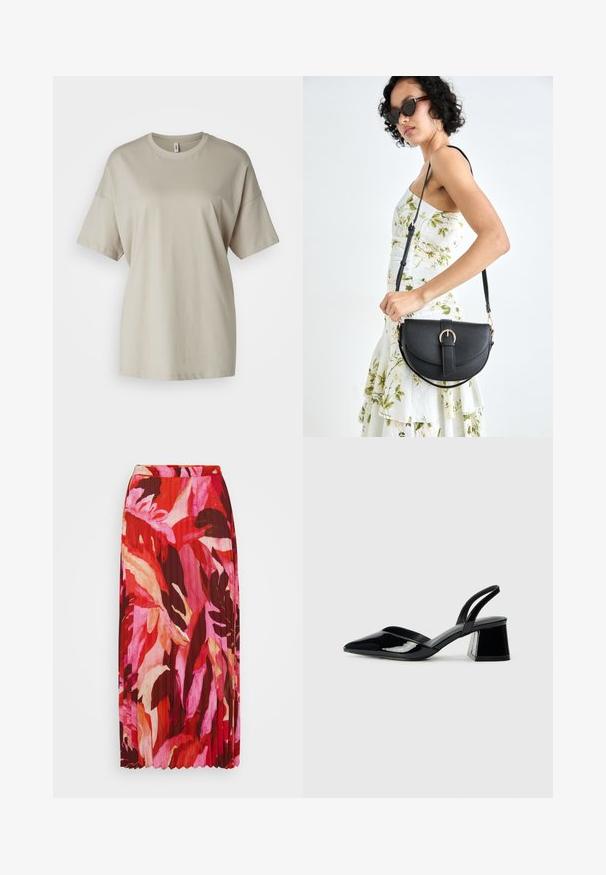 Béžové tričko vyrobené z mäkkého bavlneného materiálu, s okrúhlym výstrihom, krátkymi rukávmi a voľným strihom so rovnými okrajmi.; Klopnátá maxi sukňa s živým kvetinovým vzorom v odtieňoch červenej, ružovej a krémovej; vyrobená z ľahkého materiálu s elastickým pásom.; Čierne lakované kožené sandálové podpätky s špicatou špičkou a geometrickým blokovým podpätkom. Disponujú elegantným, minimalistickým dizajnom a hladkým povrchom.; Čierna kožená kabelka s zaobleným tvarom, odnímateľným popruhom a zlatými doplnkami. Kabelka má klopu s detailom s prackou.