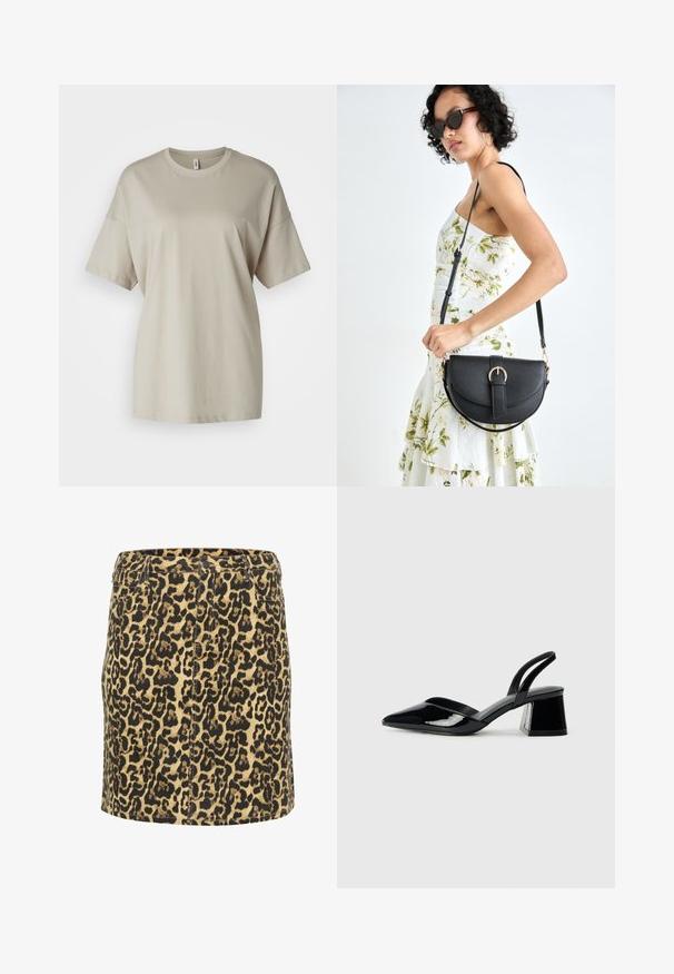 Beige t-shirt lavet af blødt bomuld, med rund halsudskæring, korte ærmer og en afslappet pasform med lige kant.; Leopardprint denimnederdel med en tætsiddende pasform, sort og brun mønster på en lys beige bund, med forlommer og en klassisk talje.; Sorte patentlæder slingback hæle med spids tå og en geometrisk blok hæl. Har et elegant, minimalistisk design og en glat tekstur.; Sort læderhåndtaske med en buet form, aftagelig rem og guldfinish. Tasken har en klap med en spænde detalje.
