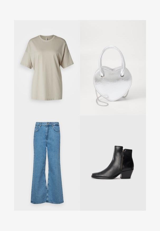 Beige színű, puha pamut póló, kerek nyakkivágással, rövid ujjakkal és laza fazonnal, egyenes aljjal.; Világoskék, trapézszárú farmernadrág, magas derékkal, öt zsebbel és egy gombos záródással. Puha tapintású, magasított effektusú anyag.; Fekete bőr bokacsizma hegyes orral, oldalsó cipzárral és vastag sarokkal. Sima felület és minimalista dizájn.; Ezüst fém szív alakú kézi táska dupla fogantyúval, láncos pánttal és sima felülettel. Fém hardverrel és varrott szélekkel rendelkezik.