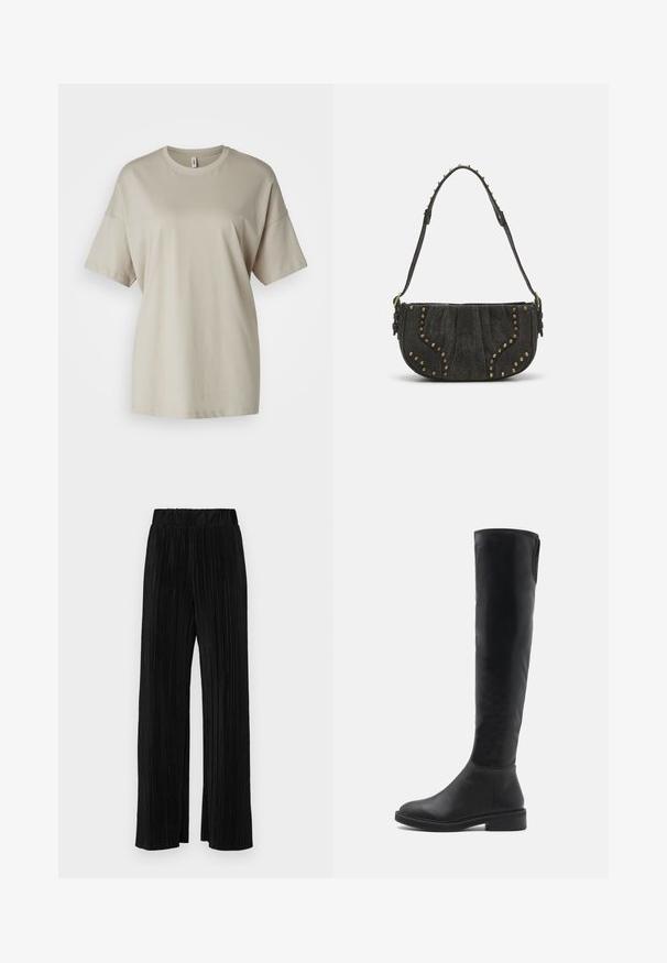 Camiseta beige de algodón suave, con escote redondo, mangas cortas y un corte relajado con dobladillo recto.; Pantalones negros de pliegues con una cintura elástica. Presentan piernas anchas y una tela suave y texturada con rayas verticales.; Bota negra por encima de la rodilla hecha de suave cuero sintético con punta redondeada, tacón bajo cuadrado y costuras en contraste a lo largo del borde superior.; Bolso de piel de ante negro con un diseño curvado, que presenta acentos de remaches y una superficie texturizada. Correa ajustable con detalles de tachuelas a lo largo del borde.; Pendientes en forma de corazón plateados que presentan piedras claras facetadas, con un marco texturizado. El conjunto incluye estilos de perno y tipo gota.