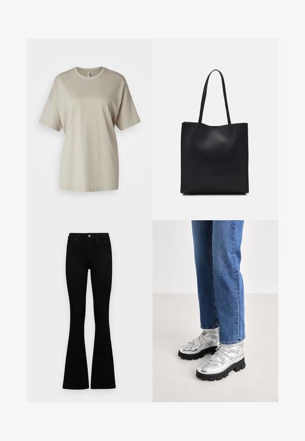 Beige T-Shirt aus weichem Baumwollstoff, mit Rundhalsausschnitt, kurzen Ärmeln und einer lockeren Passform mit geradem Saum.; Schwarze hochtaillierte Jeans mit einem Knopf- und Reißverschluss, Fronttaschen und ausgestellten Beinen, flach auf einem weißen Hintergrund ausgelegt.; Metallicsilberne Knöchelstiefel mit einer robusten schwarzen Sohle, ausgestattet mit einem gepolsterten Oberteil und Schnürsenkeln, kombiniert mit blauen geraden Jeans.; Schwarze Laptoptasche aus Leder mit glatter Textur, rechteckiger Form und zwei langen Griffen. Keine sichtbaren Beschläge oder Verzierungen.