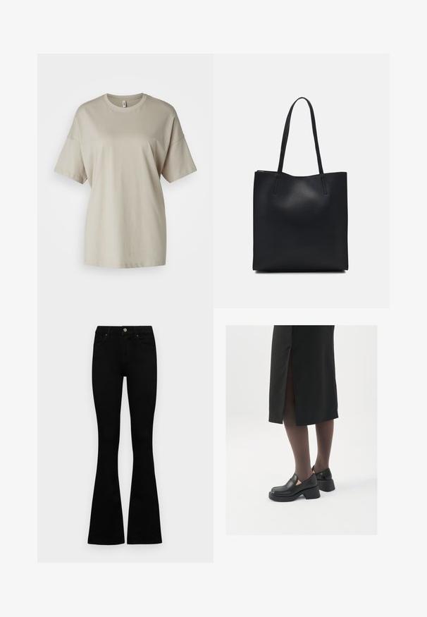 Beige t-shirt made of soft cotton, featuring a round neckline, short sleeves, and a relaxed fit with a straight hem.; Black high-waist jeans with a button and zip closure, front pockets, and flared legs laid flat on a white background.; Black leather shoes with a rounded toe, thick block heel, and elastic side accents, paired with dark tights and a black skirt with a slit.; Black leather tote bag with smooth texture, rectangular shape, and two long handles. No visible hardware or embellishments.