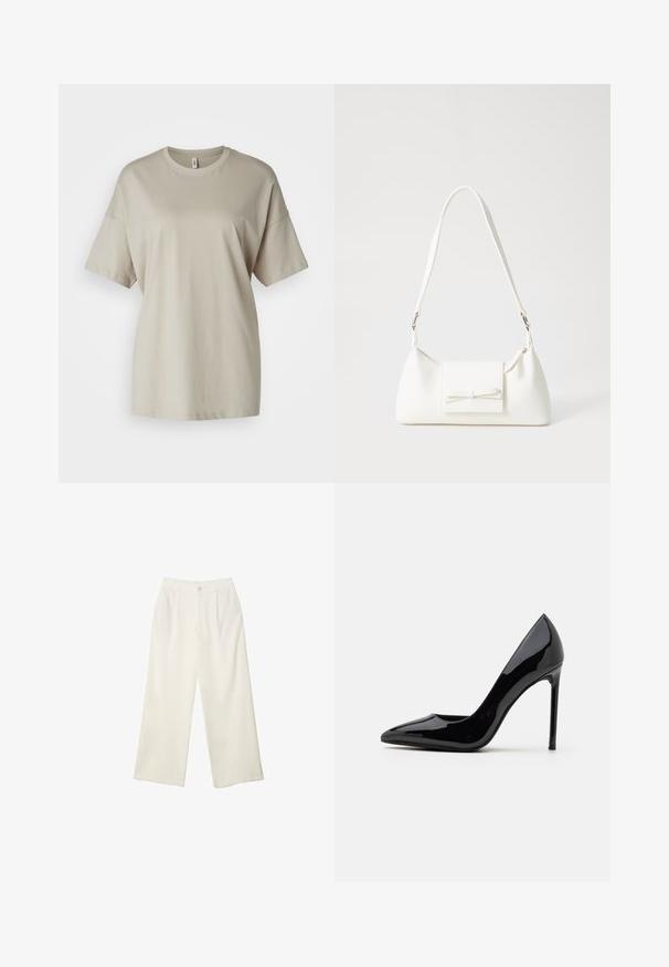 Bež majica od mekanog pamuka, s okruglim izrezom, kratkim rukavima i opuštenim krojem s ravnim rubom.; Hlače širokih nogavica od kremaste tkanine s glatkom teksturom, s jednim prednjim gumbom, suptilnim plitvicama i visokim strukom.; Call it Spring MESMERIZE - Klasične cipele s visokom petom - other black; Bijela sintetička torbica s trokutastim oblikom, ravnim prednjim poklopcem i detaljem u obliku mašne, podesivom remenom, glatkom teksturom i minimalističkim dizajnom.