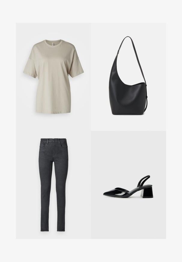 Beige t-shirt made of soft cotton, featuring a round neckline, short sleeves, and a relaxed fit with a straight hem.; Black denim skinny jeans with a mid-rise waist, five pockets, and a zipper fly. Smooth texture and fitted silhouette.; Black patent leather slingback heels with a pointed toe and a geometric block heel. Features a sleek, minimal design and smooth texture.; Black leather hobo bag with a smooth texture, curved shape, and single adjustable strap; features a wide opening at the top.