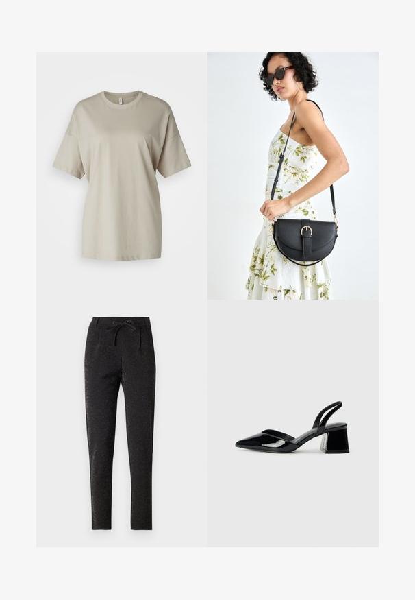 Beige színű, puha pamut póló, kerek nyakkivágással, rövid ujjakkal és laza fazonnal, egyenes aljjal.; Fekete nadrág finom csillogó hatással, állítható derékkal, szabott kialakítással és szűkített lábbal, ami kiemeli az alakot.; Fekete lakk bőr szandálkés magas sarkú cipő, hegyes orral és geometrikus tömbsarkakkal. Karcsú, minimalista dizájn és sima textúra jellemzi.; Fekete bőrtáska ívelt formával, levehető pánttal és arany színű fémrészekkel. A táskán egy csattal díszített fedél található.
