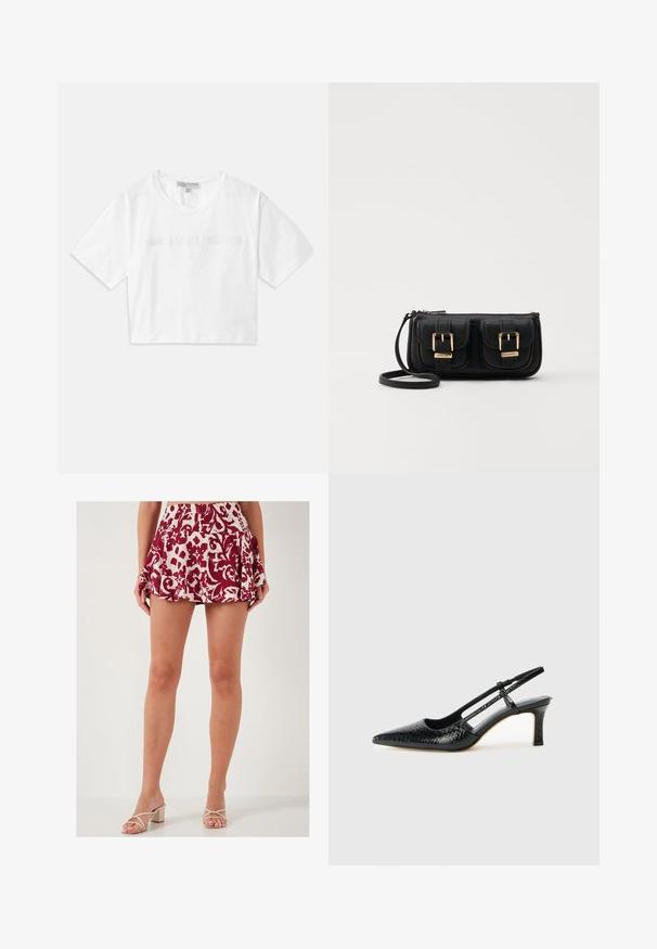 Valge lühikeste varrukatega puuvillane lühike T-särk, mille esiosas on ühtlaselt brodeeritud "MICHAEL KORS" logo.; LELA SLIM FIT - A-lõikeline seelik - red; Mustmust paelad, millel on terav varvas, tekstuuriga maduprindiga, reguleeritav rihm ja lühike tekstuuriga plokknina.; Must küllastamata nahast õlakott, millel on kaks esist nähtavat taskut, kuldsed pandlad, tõmblukuga sulgemine ja peen rihm. Tekstuuriga pind ja kompaktne ristkülikukujuline kuju.