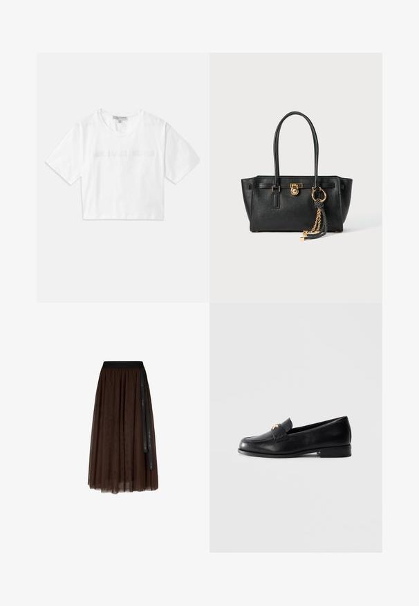 White cropped T-shirt made of cotton, featuring short sleeves and "MICHAEL KORS" logo in matching embroidered text across the front.; Brown midi-length tulle skirt with black elastic waistband and long black ribbon detail hanging on one side.; Black leather loafer with low heel and gold decorative emblem on the strap, displayed on a plain light gray background.; Black leather handbag with double handles, gold lock and chain detail, and black-and-white tassel accessory against white background.
