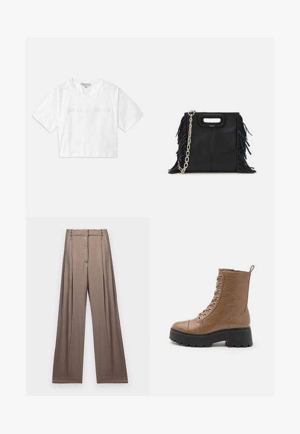 Witte cropped T-shirt van katoen, met korte mouwen en het "MICHAEL KORS" logo in bijpassende geborduurde tekst over de voorkant.; Wijduitlopende broeken in een gedempt taupe kleur, gemaakt van een gladde stof met een satijnen afwerking. Heeft een op maat gemaakte tailleband en subtiele plooien.; Bruine faux leren enkelboots met een stevige zwarte zool, ronde neus, veters aan de voorkant en een trekband aan de achterkant. Gestructureerd oppervlakdetail.; Zwarte leren handtas met franjes, gouden schouderband van schakels en een uitsnijding in de handgreep. Heeft het logo prominent aan de voorkant.
