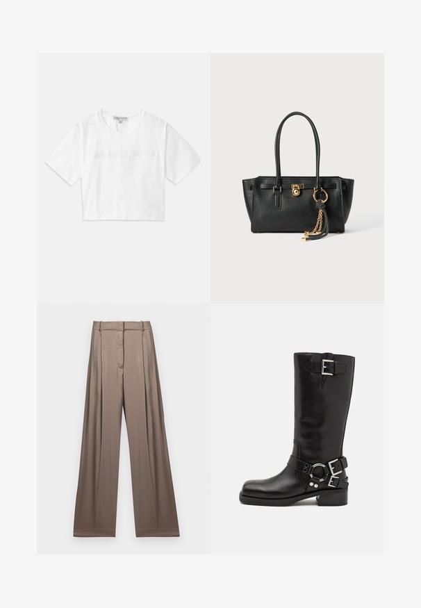 Valge lühikeste varrukatega puuvillane lühike T-särk, mille esiosas on ühtlaselt brodeeritud "MICHAEL KORS" logo.; Laiad püksid tuhmides taupe toonides, valmistatud siledast materjalist, millel on satiinilaadne viimistlus. Omavad kohandatud pihaosa ja peeneid voldikesi.; Mustmust mustelai kingad, millel on hõbedased pandlad ja ümmargune aktsent, ümar varvas ja madal plokkking. Sile tekstuur.; Must musta kott, millel on kahekordsed käepidemed, kuldne lukustus ja kett, ning must-valge tutikate aksessuaar valge tausta ees.