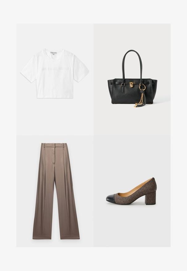 White cropped T-shirt made of cotton, featuring short sleeves and "MICHAEL KORS" logo in matching embroidered text across the front.; Wide-leg trousers in a muted taupe color, made of smooth fabric with a satin finish. Features a tailored waistband and subtle pleats.; Brown patterned high-heeled pump with a rounded black toe cap and block heel, featuring a smooth leather-like texture.; Black leather handbag with double handles, gold lock and chain detail, and black-and-white tassel accessory against white background.