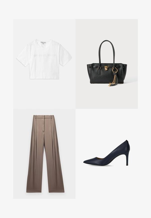 White cropped T-shirt made of cotton, featuring short sleeves and "MICHAEL KORS" logo in matching embroidered text across the front.; Wide-leg trousers in a muted taupe color, made of smooth fabric with a satin finish. Features a tailored waistband and subtle pleats.; Navy blue high-heeled pump made of smooth leather, featuring a pointed toe and a slender heel. Simple design with no additional embellishments.; Black leather handbag with double handles, gold lock and chain detail, and black-and-white tassel accessory against white background.