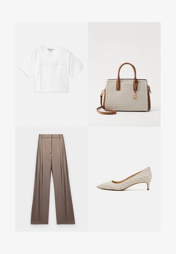 T-shirt blanc court en coton, avec des manches courtes et le logo "MICHAEL KORS" brodé ton sur ton à l'avant.; Pantalons à jambes larges de couleur taupe apaisée, fabriqués en tissu lisse avec une finition satinée. Dotés d'une taille cintrée et de plis subtils.; Pointe de chaussure beige en tissu avec un motif géométrique, dotée d'un petit talon et d'une silhouette épurée. Texture lisse et accents minimaux.; Sac à main beige avec des accents en cuir marron, arborant un motif de logo, des poignées supérieures, une bandoulière amovible et des finitions en métal doré.; Boucles d'oreilles en or avec une finition polie, présentant un design circulaire épais et un mécanisme de fermeture sécurisé. Texture lisse et apparence brillante.