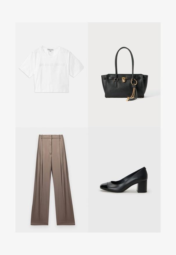 T-shirt blanc court en coton, avec des manches courtes et le logo "MICHAEL KORS" brodé ton sur ton à l'avant.; Pantalons à jambes larges de couleur taupe apaisée, fabriqués en tissu lisse avec une finition satinée. Dotés d'une taille cintrée et de plis subtils.; Escarpin en cuir noir avec un capuchon de pied brillant et un talon épais. Texture lisse et design arrondi avec une ouverture subtile à l'avant.; Sac à main en cuir noir avec double anses, serrure dorée et détails en chaîne, et accessoire à pompon noir et blanc sur fond blanc.
