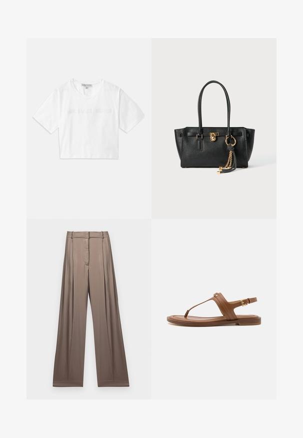 T-shirt bianco cropped in cotone, con maniche corte e logo "MICHAEL KORS" ricamato in testo abbinato sul davanti.; Pantaloni a gamba larga in un colore taupe smorzato, realizzati in tessuto liscio con una finitura satinata. Presentano una cintura su misura e delle pieghe sottili.; Sandalo in pelle marrone con design a infradito, suola piatta e cinturino alla caviglia regolabile con dettaglio in metallo dorato.; Borsa a mano in pelle nera con doppi manici, lucchetto dorato e dettaglio a catena, accessorio con nappina in bianco e nero su sfondo bianco.