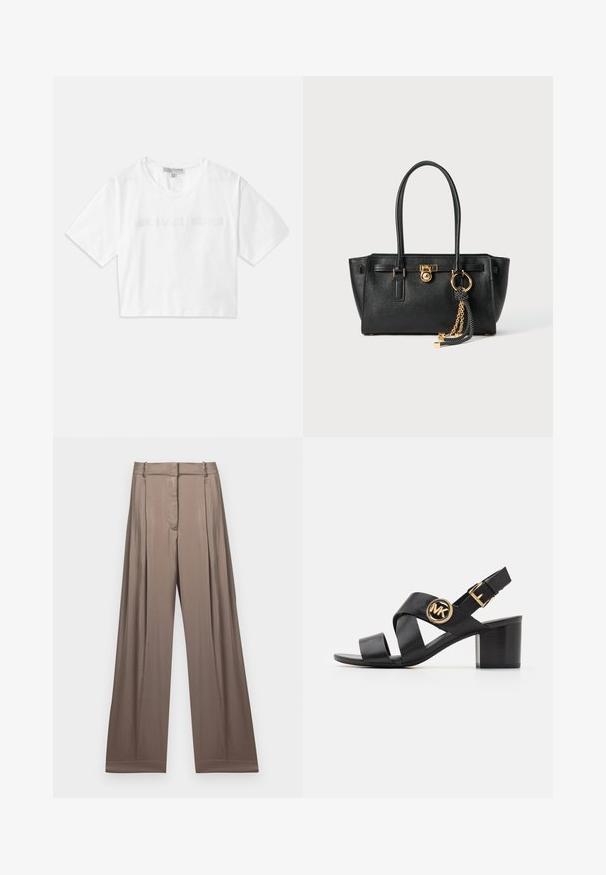 T-shirt branca cropped feita de algodão, com mangas curtas e o logótipo "MICHAEL KORS" em texto bordado correspondente na parte da frente.; Calças de perna larga numa cor taupe suave, feitas de um tecido liso com acabamento em cetim. Apresentam uma cintura bem ajustada e pregas subtis.; Sandalha de couro preta com tiras cruzadas e um logótipo MK redondo. O salto bloco tem altura média, proporcionando estabilidade e um design elegante.; Bolsa de pele preta com alças duplas, fecho dourado e detalhe em corrente, além de um acessório de tassel preto e branco, contra um fundo branco.
