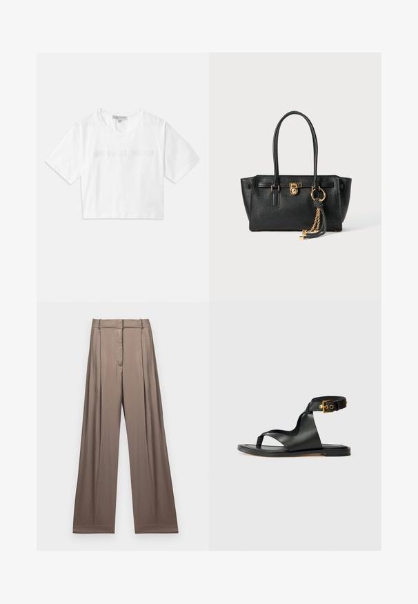 Witte cropped T-shirt van katoen, met korte mouwen en het "MICHAEL KORS" logo in bijpassende geborduurde tekst over de voorkant.; Wijduitlopende broeken in een gedempt taupe kleur, gemaakt van een gladde stof met een satijnen afwerking. Heeft een op maat gemaakte tailleband en subtiele plooien.; Zwarte leren sandaal met een elegante uitstraling, open teen en verstelbare enkelband met goudkleurige hardware. Platte zool.; Zwarte leren handtas met dubbele handgrepen, gouden slot en kettingdetail, en zwart-witte franjer accent tegen een witte achtergrond.
