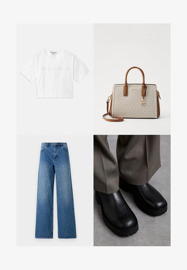 T-shirt bianco cropped in cotone, con maniche corte e logo "MICHAEL KORS" ricamato in testo abbinato sul davanti.; Jeans a gamba larga in denim blu. Presentano una vita alta, cinque tasche e chiusura frontale con bottone. Texture liscia con leggera scoloritura.; Stivali neri in pelle con suola in gomma spessa, caratterizzati da una superficie liscia e punta rotonda, abbinati a pantaloni oliva larghi.; Borsa beige con dettagli in pelle marrone, caratterizzata da un motivo con logo, manici superiori, una tracolla staccabile e accessori in tono oro.; Orecchini a cerchio in oro con una finitura lucida, caratterizzati da un design circolare spesso e un meccanismo di chiusura sicuro. Texture liscia e aspetto brillante.