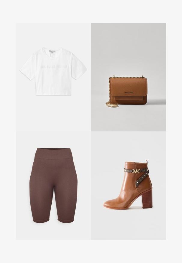 White cropped T-shirt made of cotton, featuring short sleeves and "MICHAEL KORS" logo in matching embroidered text across the front.; Brown ribbed bike shorts with a high waistband, made from stretchy material, featuring a smooth texture and a fitted shape.; Brown leather ankle boot with stacked block heel, side strap featuring gold studs and a gold "MK" logo buckle.; Brown textured leather crossbody bag with gold chain strap and flap closure. Front features logo detail and a pocket under the flap.