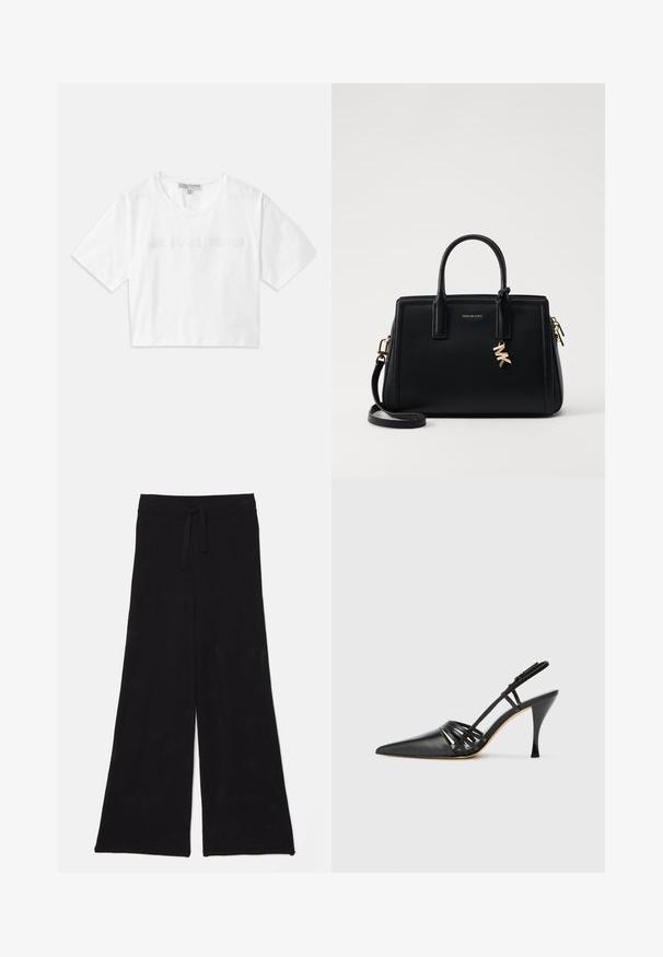 Vit kortärmad t-shirt i bomull med korta ärmar och "MICHAEL KORS"-logotyp i matchande broderad text över framsidan.; Svarta, vida byxor i meshtyg med dragsko i midjan. Texturen är andningsbar och lätt, vilket gör dem lämpliga för avslappnad användning.; Svart läder högklackad slingback-sko med spetsig tå, korsande remdesign och smal stilettklack. Slät textur och minimala accenter.; Svart läderhandväska med strukturerad design, dubbla handtag ovanpå, avtagbar axelrem, guldfärgade detaljer och en logocharm som accent.