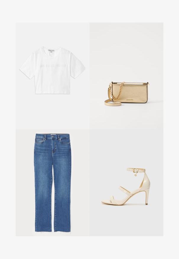 White cropped T-shirt made of cotton, featuring short sleeves and "MICHAEL KORS" logo in matching embroidered text across the front.; Blue denim jeans with a straight cut, featuring a button and zip closure, five pockets, and frayed hemlines at the bottom.; Beige high-heeled sandals with thin ankle strap and two upper straps. Glossy patent finish and gold hardware detail on the ankle strap.; Metallic gold leather clutch with a textured finish, featuring a gold chain strap and a removable shoulder strap. Brand logo embossed.