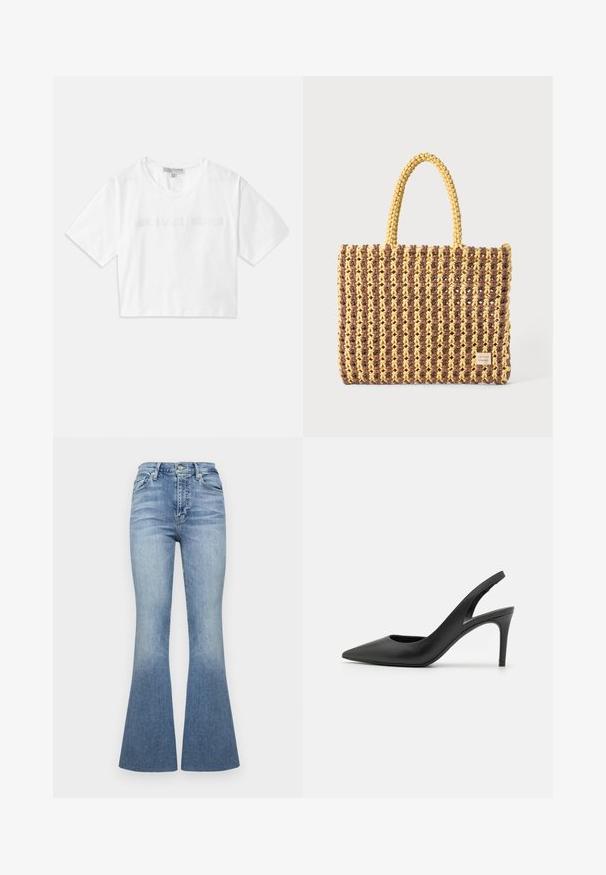 Hvit kortermet T-skjorte i bomull, med korte ermer og "MICHAEL KORS"-logoen i matchende broderte bokstaver over fronten.; Høyt liv bukser med utsvingte ben i lys blå denim med gradienteffekt. Har fem lommer og lukking med knapp foran.; Sorte skinnslingback hæler med spiss tå-design, som har et utsnitt foran og en tynn stilettohæl.; Vevd pose i brunt og gult, med rektangulær form, to håndtak, og en strukturert overflate med synlige sting og en merke-tag.