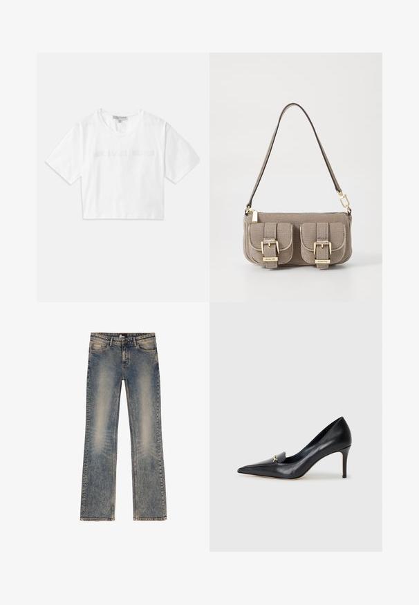 Bela skrajšana majica iz bombaža z kratkimi rokavi, z logotipom "MICHAEL KORS" v usklajenem vezenem napisu spredaj.; Svetlo modri kavbojki iz denima z blagim obrabljenim videzom, pet žepov in ravnim krojem. Šivani rob in rahli detajli mehkega dotika.; Črne usnjene pumpe s špicastim nosom, nizkim vampom in dekorativnim zlatim akcentom. Imajo stiletto peto in gladko teksturo.; Bežna teksturirana torba z nastavljivim trakom, z dvema sprednjima žepoma, zaklenjenima s sponkami, ter z zlatimi kovinskimi dodatki. Zadrga na vrhu.