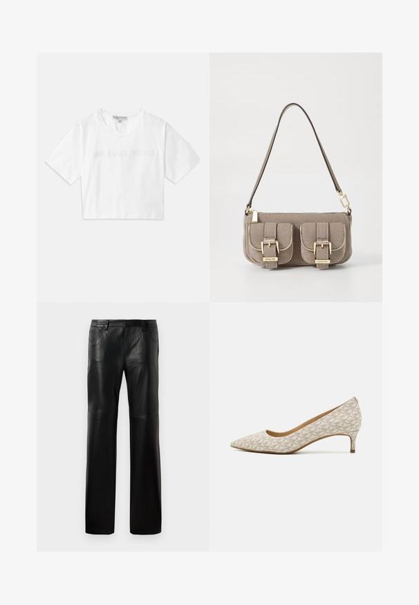 Valkoinen lyhytcropattu T-paita, joka on valmistettu puuvillasta. Sen hihoissa on lyhyet hihat ja edessä on "MICHAEL KORS" -logo samanvärisesti brodeeratuna.; Mustat nahkahousut suoraan leikkaukseen, joissa on napillinen vyötärö, viisi taskua ja näkyvät saumat.; Beige-kankaan suippokärkinen korkokenkä, jossa on geometrinen kuvio, matala korko ja tyylikäs siluetti. Sujuva rakenne ja vähäiset koristeet.; Beige käsilaukku, jossa on säädettävä olkahihna, kaksi etutaskua, jotka on varustettu soljilla, ja kultaiset yksityiskohdat. Vetoketjusulku ylhäällä.; Kultaiset renkaat korvakorut kiiltävällä pinnalla, joissa on paksu, pyöreä muotoilu ja turvallinen sulkemismekanismi. Sujuva rakenne ja kiiltävä ulkonäkö.