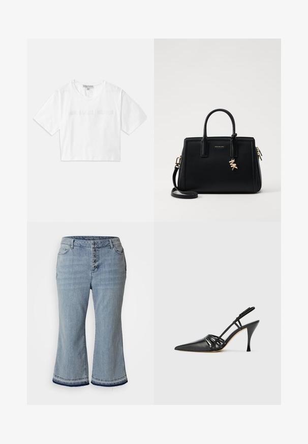 Bijela skraćena majica od pamuka, sa kratkim rukavima i logotipom "MICHAEL KORS" u istom vezenom tekstu preko prednje strane.; Svijetloplave traper culotte hlače s visokim strukom, zatvaranjem na pet dugmadi, bočnim džepovima i rastrganim rubovima. Dizajnirane za opušteni kroj.; Crne kožne cipele na visokom potpeticu s otvorenim potpeticama, šiljastim prstom, dizajnom s križnim trakama i tankim štiklama. Glatka tekstura i minimalni akcenti.; Crna kožna torba s strukturiranim dizajnom, dvostrukim gornjim ručkama, odvojivim remenom za rame, zlatnim detaljima i akcentom s logom.