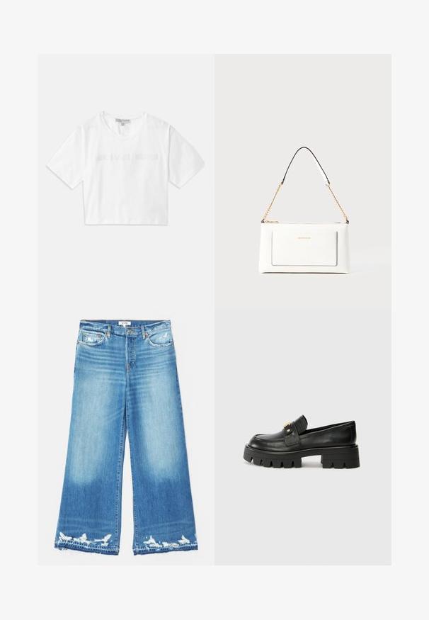 Valge lühikeste varrukatega puuvillane lühike T-särk, mille esiosas on ühtlaselt brodeeritud "MICHAEL KORS" logo.; RE/DONE PALAZZO - Wide leg - minerva; Mustast nahkfrontaalid, millel on paks tald, esiosas kullatooni aksent ja sile viimistlus. Talse paksu mustriga disain.; Valge nahast kott tekstureeritud viimistlusega, millel on kuldne kettling ja mustad aktsendid. Include eesmine tasku ja tõmblukk.