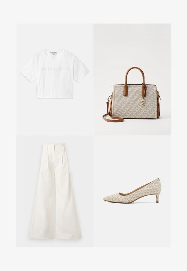 Tricou alb scurt, din bumbac, cu mâneci scurte și logo-ul "MICHAEL KORS" brodat în text asortat pe partea din față.; Pantaloni albi evazați din bumbac, cu talie înaltă, pliseuri în față și un design simplu fără buzunare.; Pantof cu vârf ascuțit din material bej cu un model geometric, având un toc mic și o siluetă elegantă. Textură netedă și accente minime.; Geantă bej, cu accente din piele maro, având un model cu logo, mânere superioare, o curea de umăr detașabilă și elemente din metal de culoare aurie.
