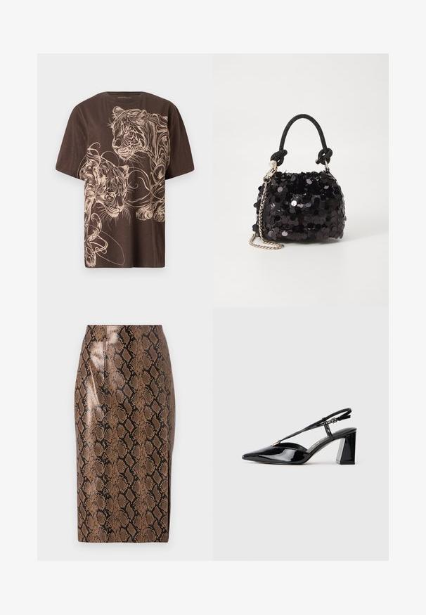 Barna póló, részletes krémszínű tigris grafikával. Rövid ujjú, kerek nyakú és puha, texturált anyagból készült.; Barna kígyóbőr mintás ceruzaszoknya fényes felülettel, testhez álló fazonnal és függőleges varratokkal a karcsúbb siluettért.; Fekete lakk bőrből készült slingback magas sarkú cipők hegyes orral, állítható pánttal és vastag téglalap alakú sarokkal.; Fekete flitteres mini kézitáska csomózott textúrájú pánttal és ezüst lánccal. Lekerekített forma, ráncolt tetejével és fényvisszaverő részletekkel.