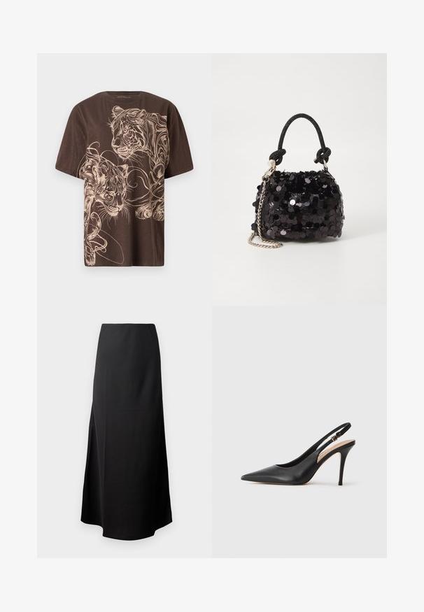 T-shirt marron avec un design graphique détaillé d'un tigre crème. Manches courtes, col rond et tissu doux et texturé.; Jupe midi noire avec une texture lisse, conçue avec une taille haute et une fente sur le côté, présentant une silhouette simple et sans ornements.; Escarpin à talon haut en cuir noir avec un bout pointu, une texture lisse et une délicate bride avec une boucle métallique.; Mini sac à main en sequins noirs avec une bandoulière texturée nouée et une chaîne argentée. Forme arrondie avec un haut froncé et des détails réfléchissants.