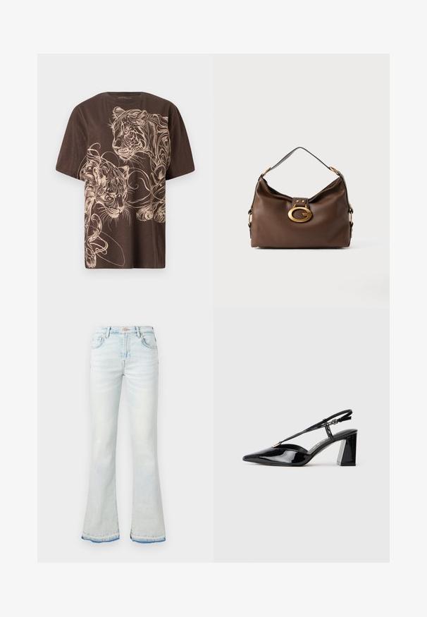 T-shirt marrone con un dettagliato design grafico di una tigre color crema. Maniche corte, colletto rotondo e tessuto morbido e strutturato.; Jeans a zampa d'elefante di un blu chiaro realizzati in denim, con vita alta, cinque tasche e orlo sfilacciato con un accento di blu scuro.; Scarpe con tacco alto in vernice nera, con punta appuntita, cinturino regolabile e tacco rettangolare chunky.; Borsa a mano in pelle marrone con una finitura testurizzata, dotata di un gancio in metallo dorato e di una singola tracolla curva.